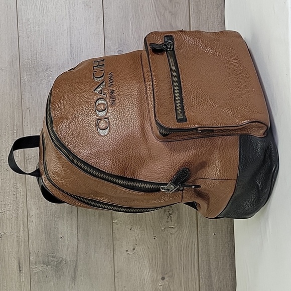 Men's Coach Brown/Black Pebble Leather Backpack F37802 - Picture 4 of 16